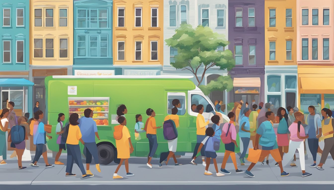 A bustling city street with a colorful community fridge surrounded by people of all ages participating in educational activities and outreach