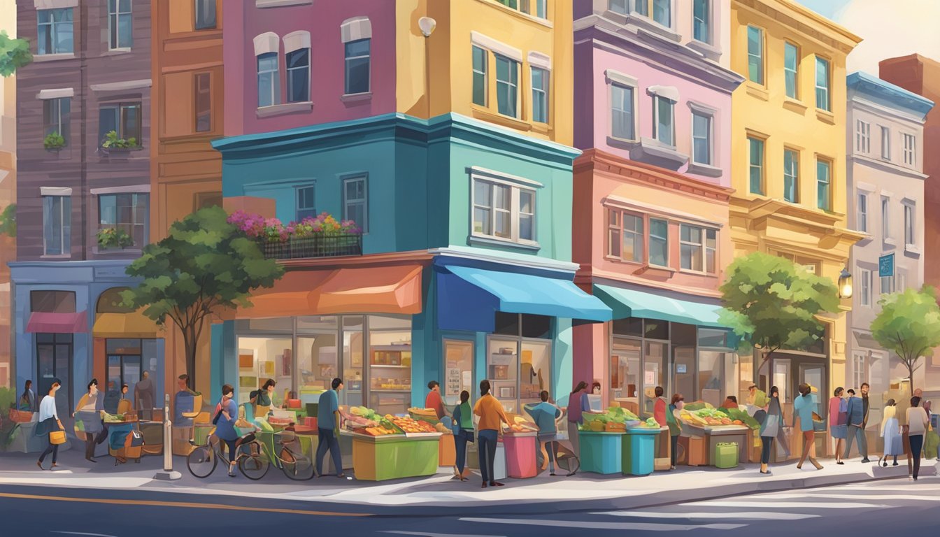 A bustling street corner with a colorful, well-stocked community fridge surrounded by diverse buildings and people