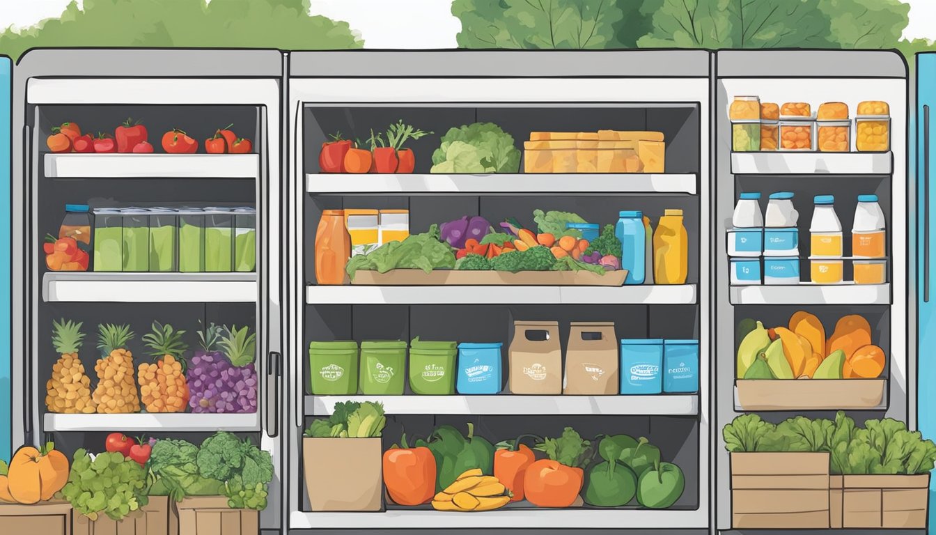 A colorful community fridge in Arvada, CO filled with fresh produce, dairy, and other food items. People are seen dropping off donations and others are taking what they need