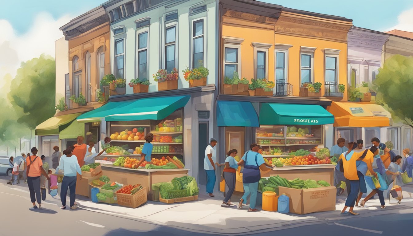 A bustling street corner with a colorful, decorated fridge filled with fresh produce and canned goods, surrounded by a diverse group of people dropping off and picking up items