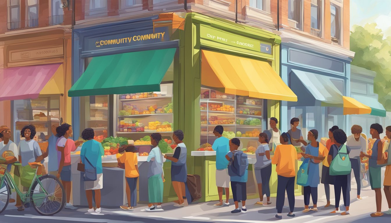 A bustling street corner with a brightly colored community fridge surrounded by people exchanging food and goods