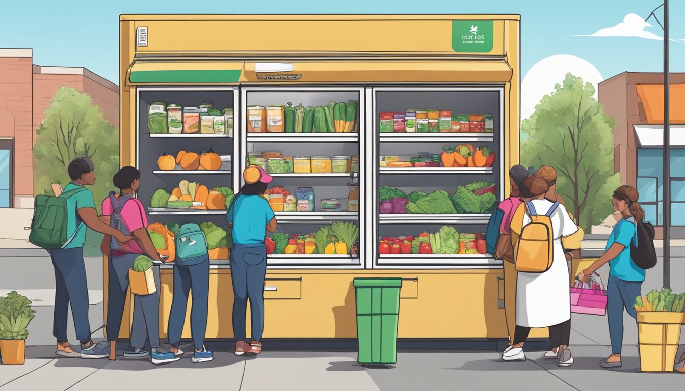 A bustling local community fridge in Arvada, CO, filled with fresh produce and canned goods, with people from the community stopping by to donate and take items