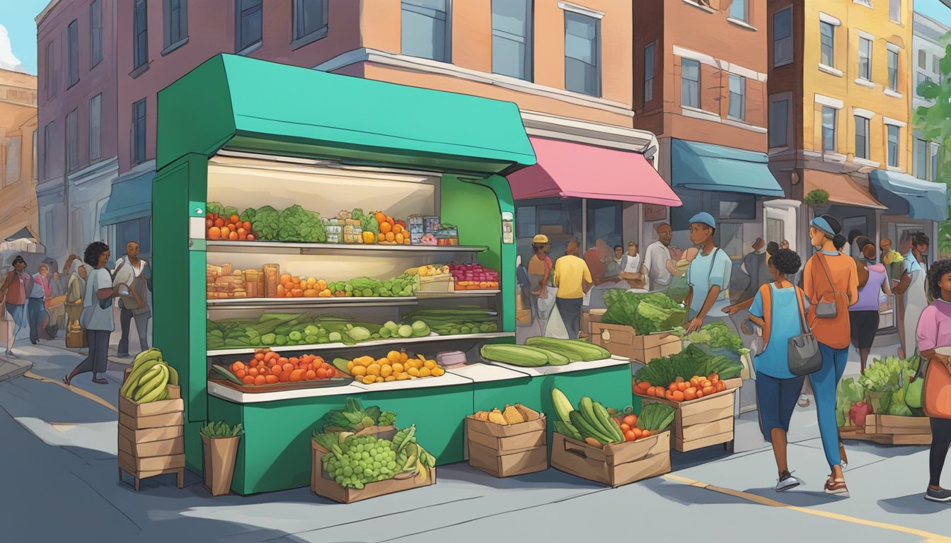 A bustling city street with a colorful, graffiti-covered fridge filled with fresh produce and pantry items, surrounded by diverse community members