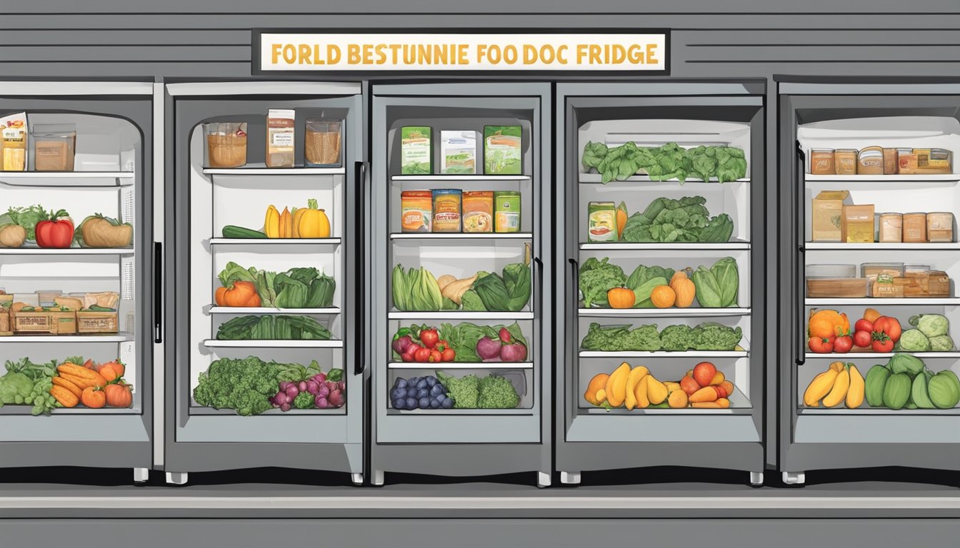 Local businesses donate food to a community fridge in Arvada, CO. The fridge is filled with fresh produce, canned goods, and other essentials