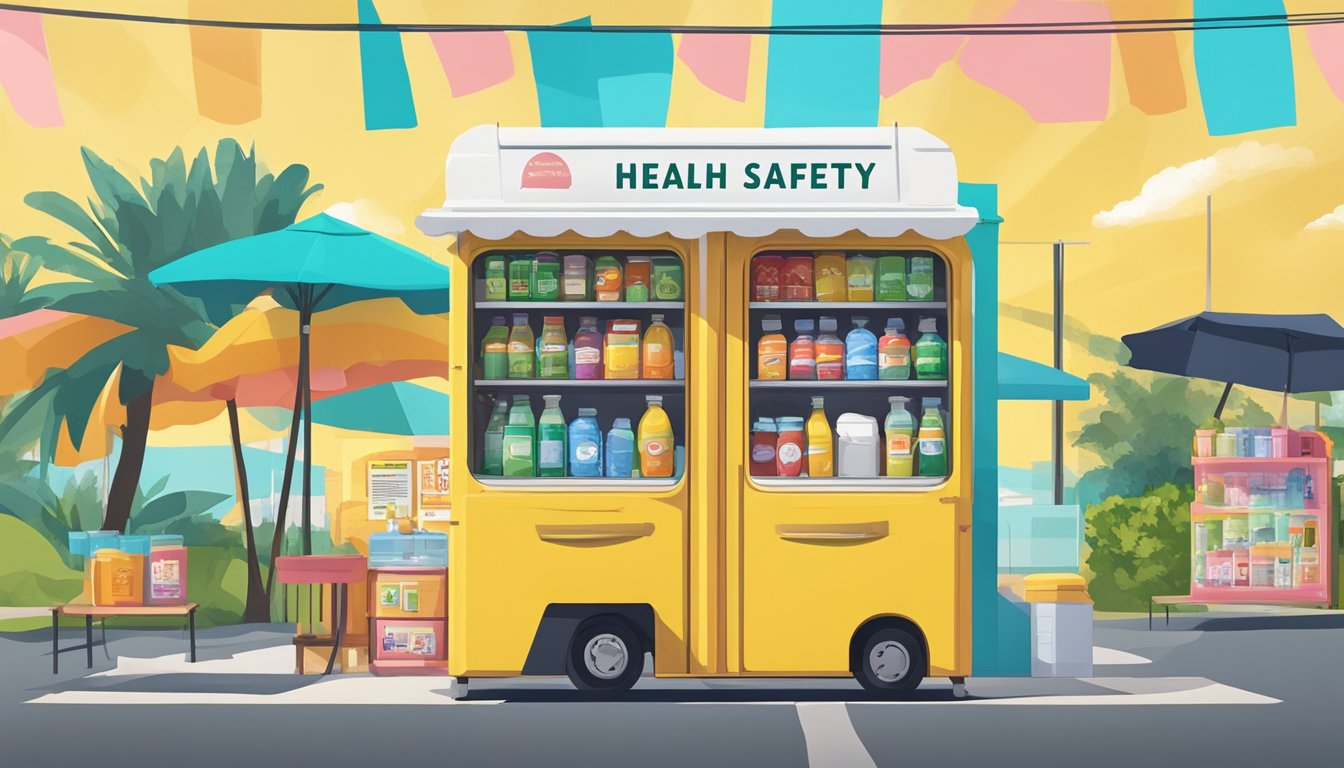 A brightly colored community fridge stands against a sunny backdrop, surrounded by signs promoting health and safety standards in Davie, FL