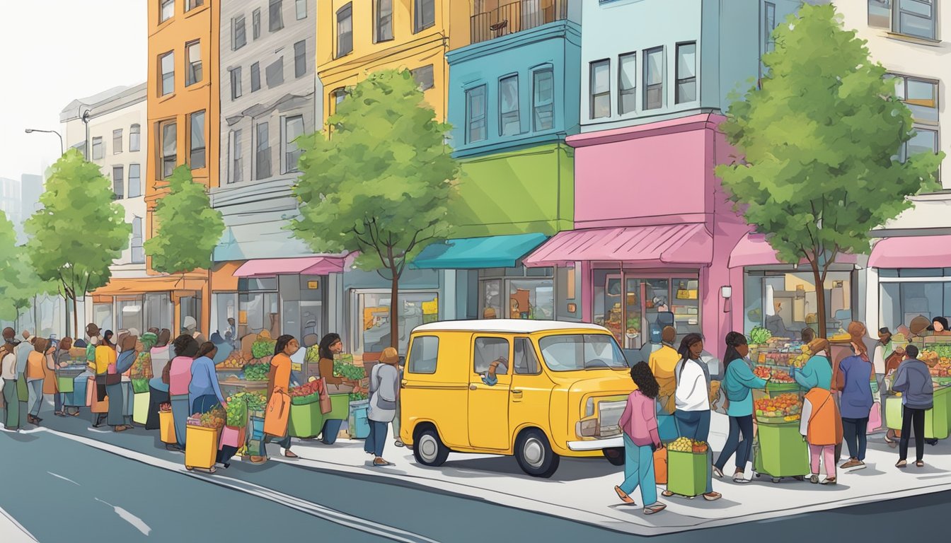 A bustling city street with a colorful, decorated community fridge surrounded by people dropping off and picking up food items