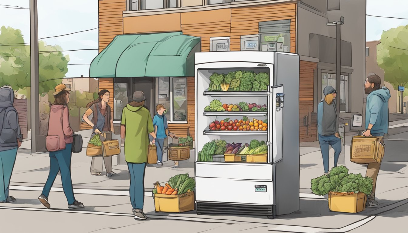 A community fridge sits on a busy street corner in Arvada, CO, filled with fresh produce and canned goods. People from all walks of life come and go, accessing the fridge with ease