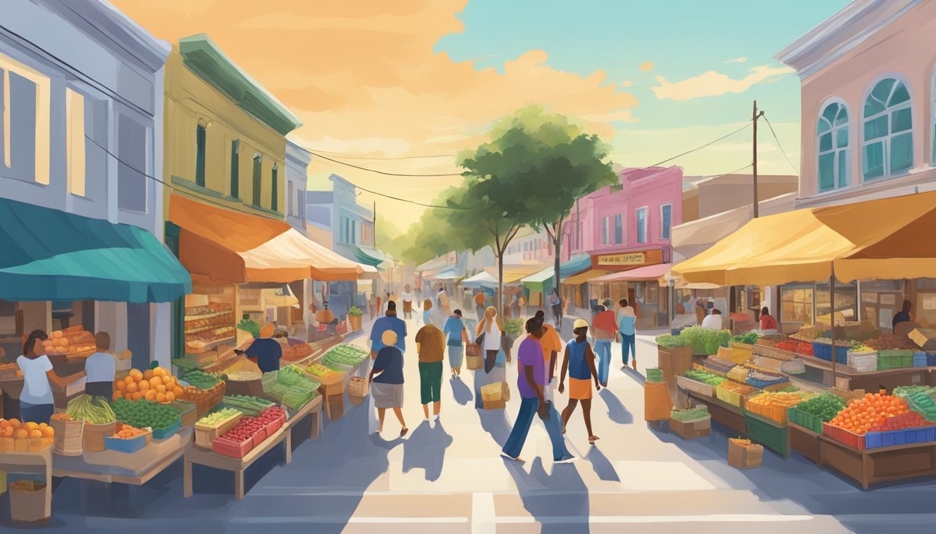 A bustling street filled with colorful storefronts, locals chatting, and vendors selling fresh produce and handmade goods in Davie, FL