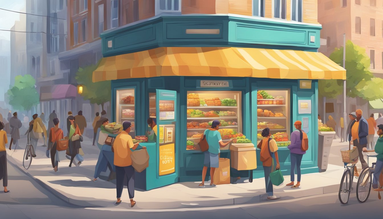 A bustling street corner with a colorful community fridge surrounded by people exchanging food and goods