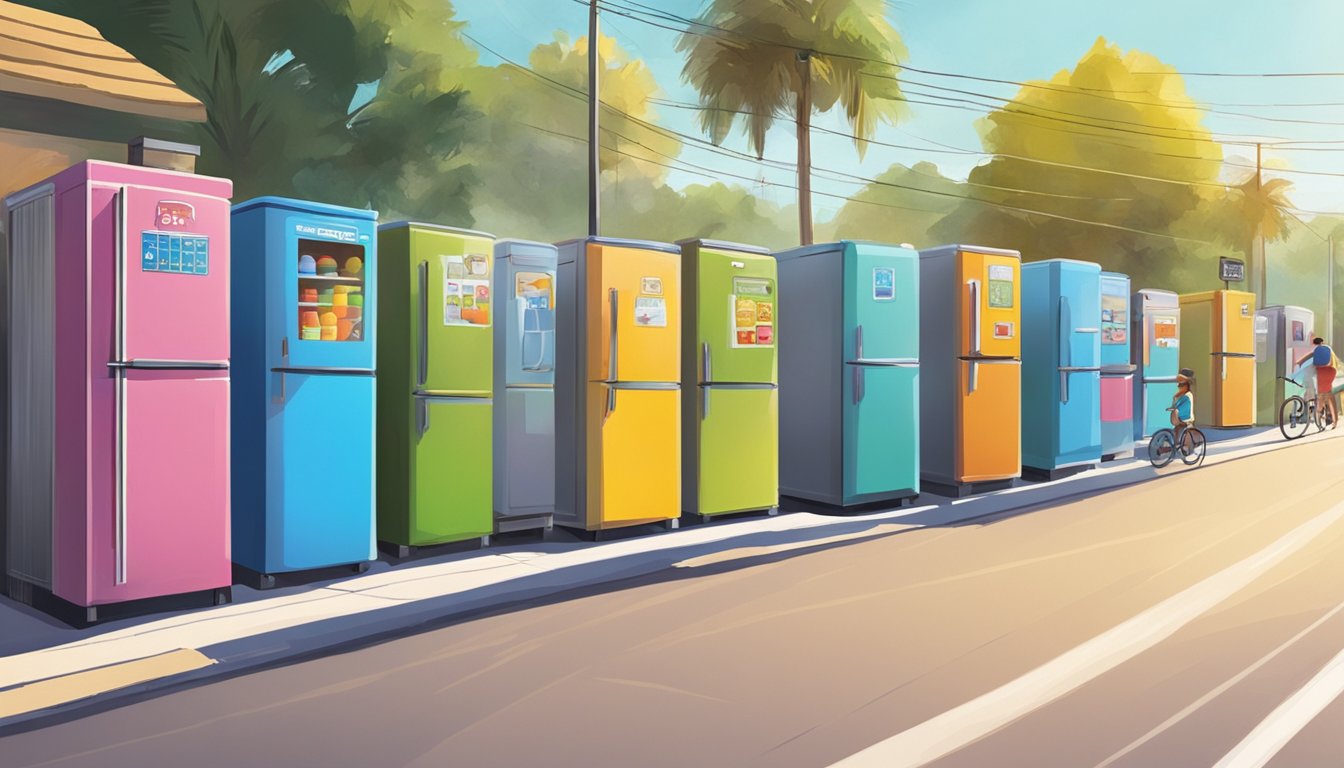 A row of colorful community fridges lines a sunny street in Davie, FL, with people coming and going to stock and retrieve food