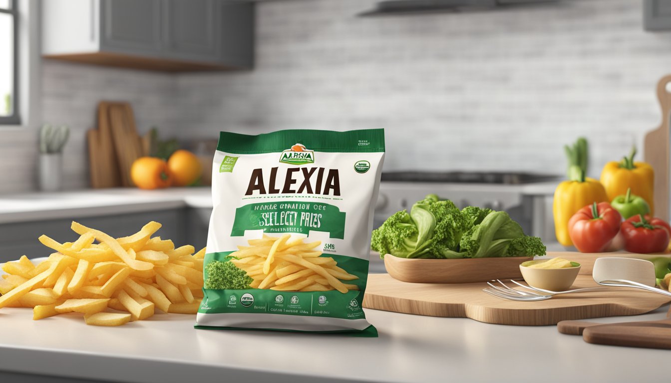 A bag of Alexia Organic Yukon Select Fries sits unopened on a clean kitchen counter, surrounded by fresh produce and a modern cooking utensil