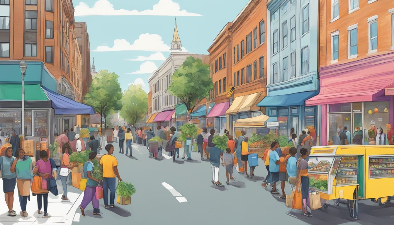 A bustling street in Washington, DC, with a colorful community fridge surrounded by diverse businesses and people coming together to donate and take food