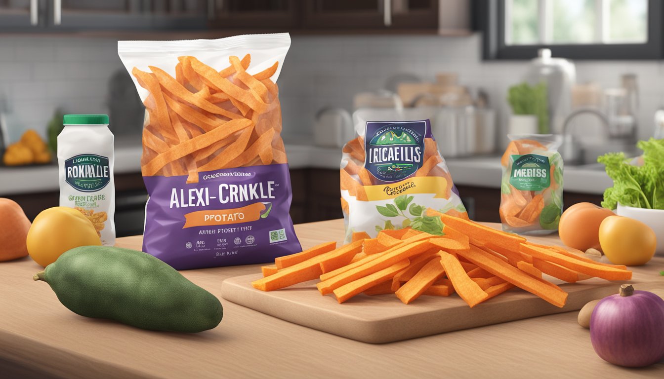 A bag of Alexia Crinkle Cut Sweet Potato Fries sits unopened on a kitchen counter, surrounded by other groceries