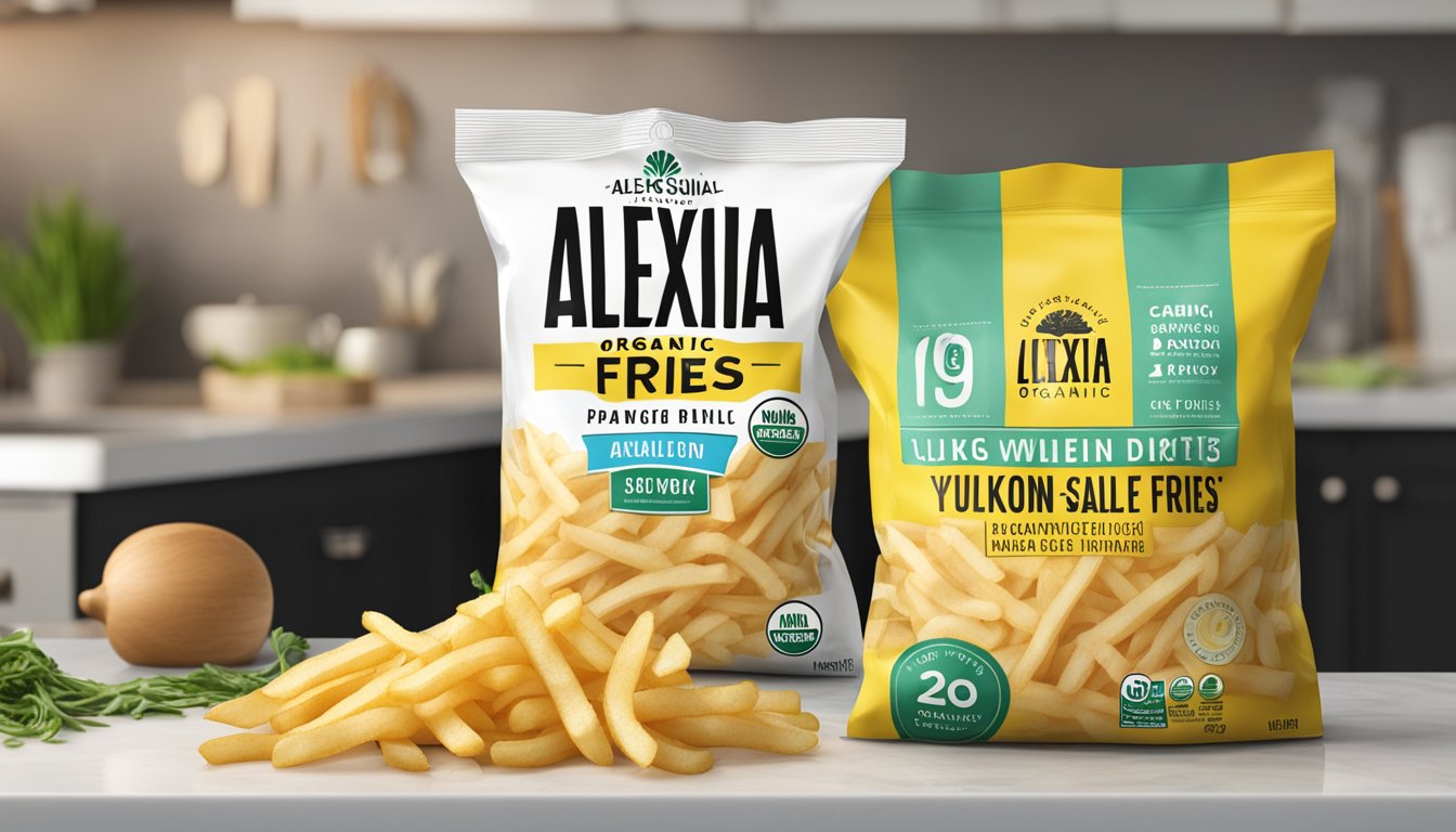 A bag of Alexia organic Yukon select fries sits unopened on a kitchen counter, with a clear expiration date visible on the packaging