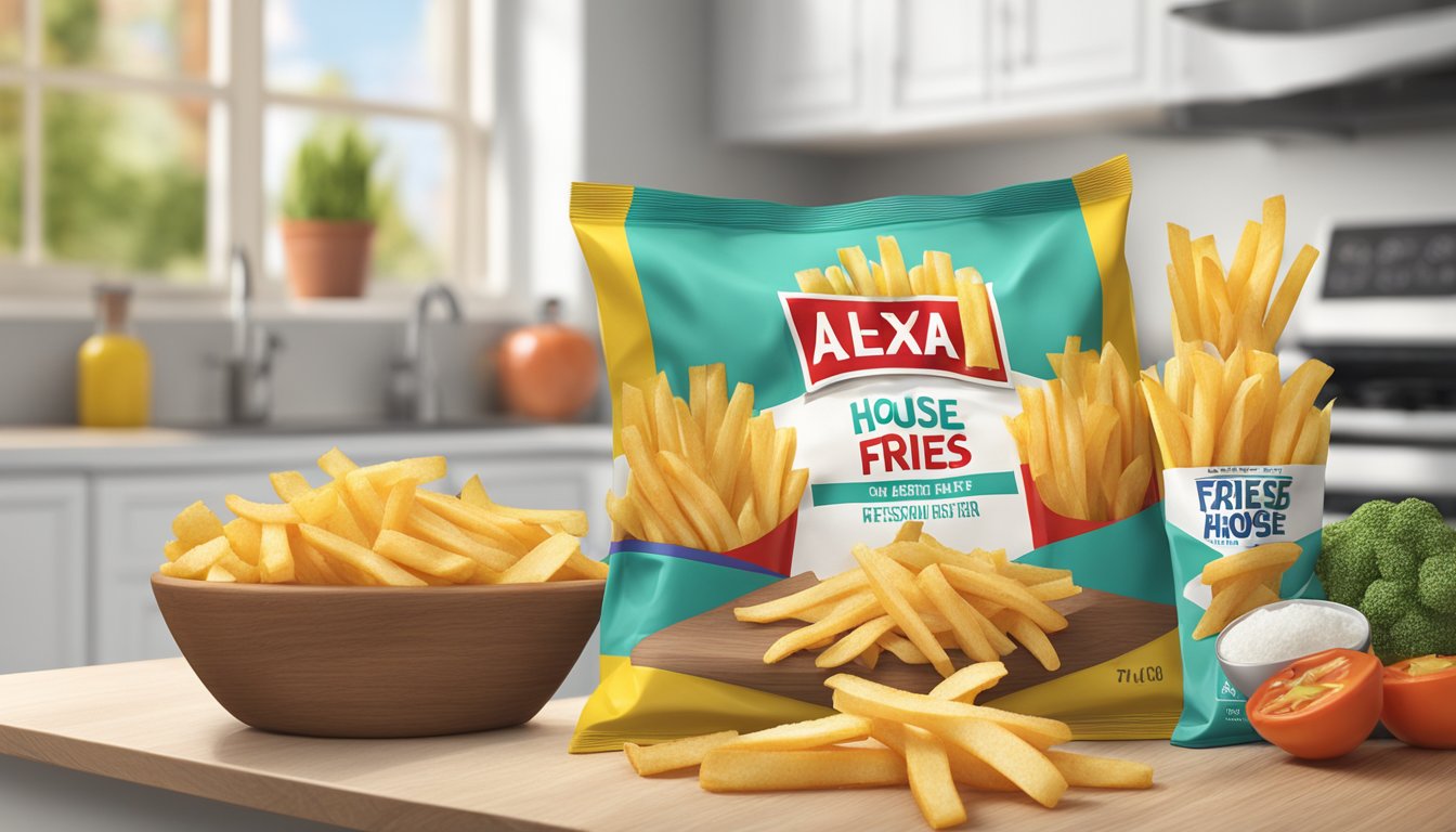 A bag of Alexia House Cut Fries with Sea Salt sits on a kitchen counter, surrounded by other groceries. The packaging is colorful and eye-catching