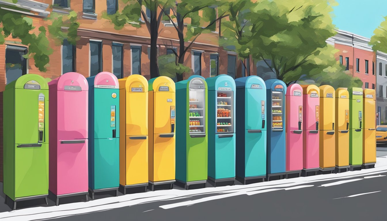 A row of colorful community fridges in Washington, DC, with people easily accessing and donating food