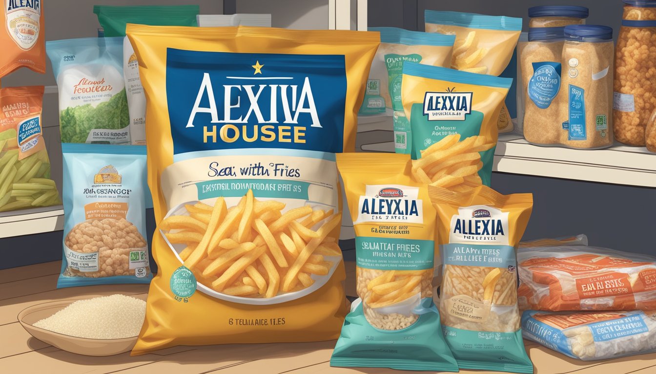 A bag of Alexia house-cut fries with sea salt sits in a pantry next to other frozen foods, with a label indicating the expiration date