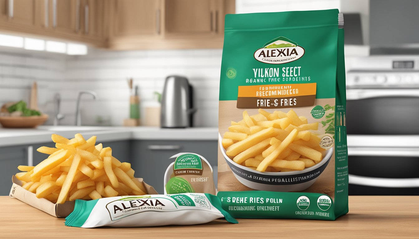 A bag of Alexia organic Yukon select fries sits unopened on a kitchen counter next to a timer set for the recommended cooking time