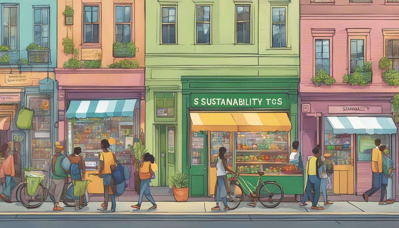 A bustling city street with a colorful community fridge adorned with messages of sustainability and ethical living. People of all backgrounds come to donate and take food