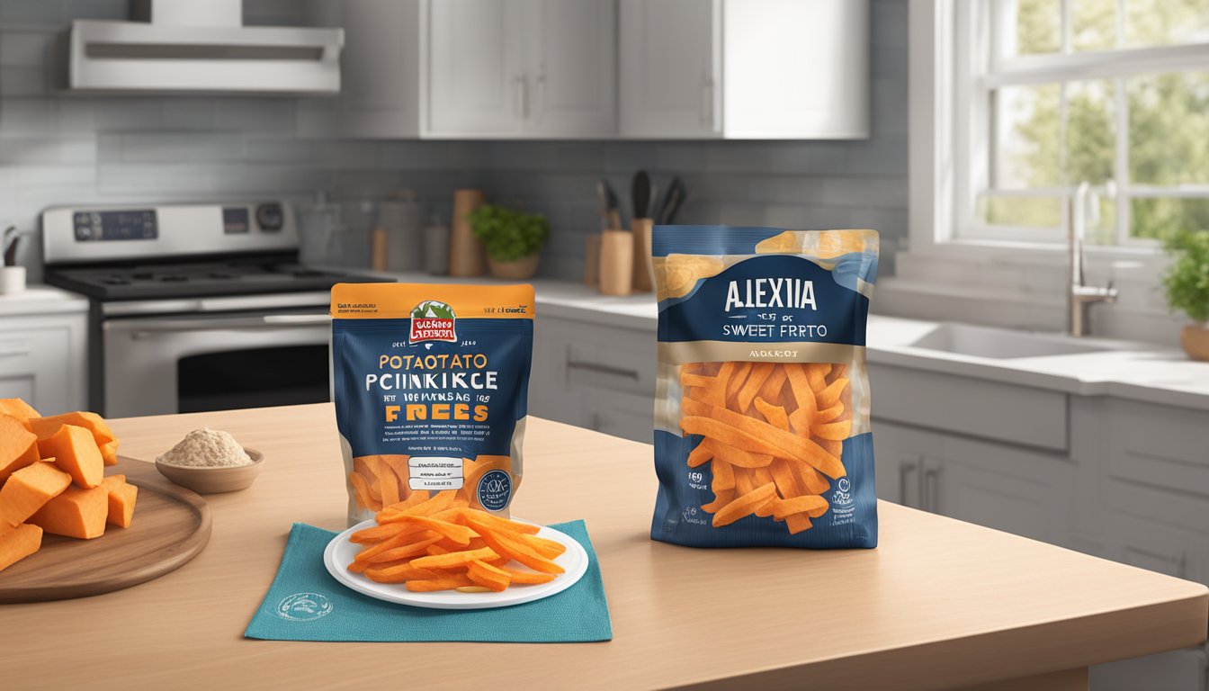 A bag of Alexia crinkle cut sweet potato fries sits on a kitchen counter, next to a timer set for the recommended cooking time