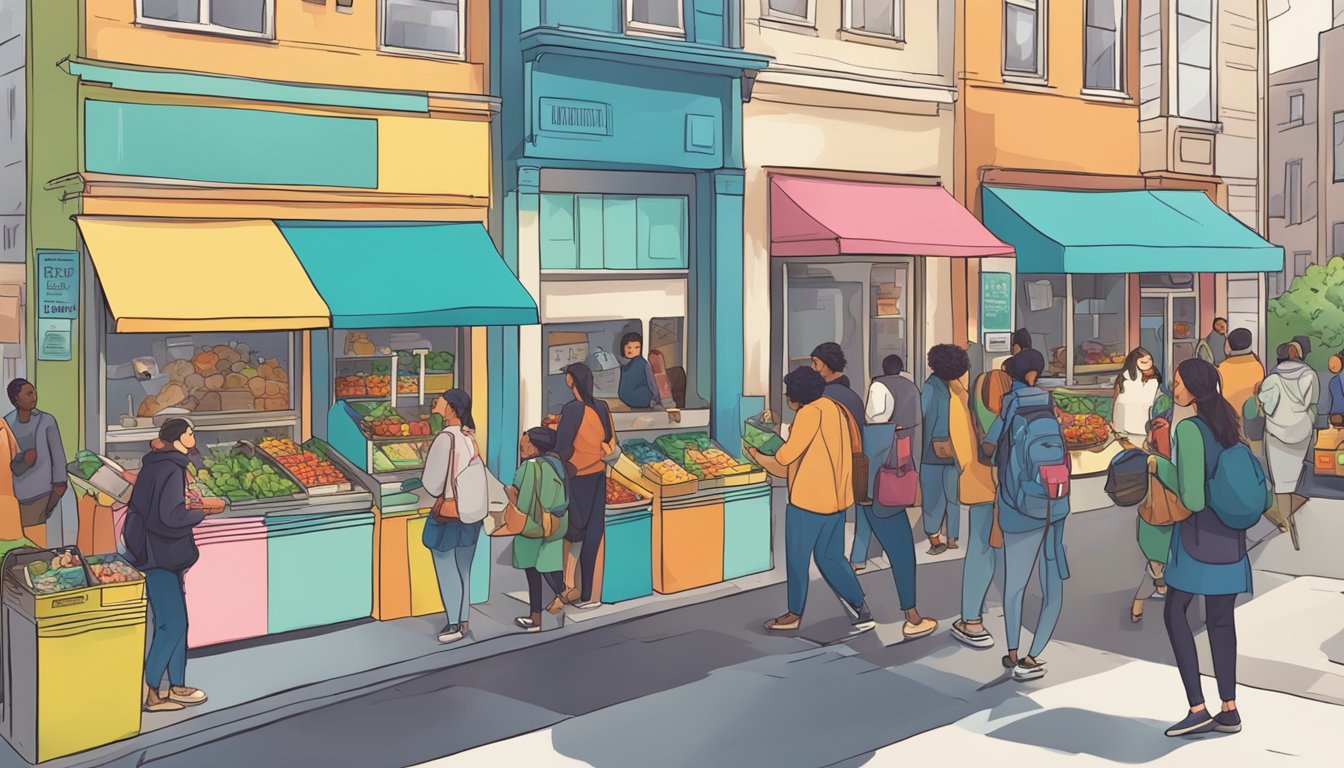 A bustling street corner with a colorful community fridge surrounded by people donating and taking food