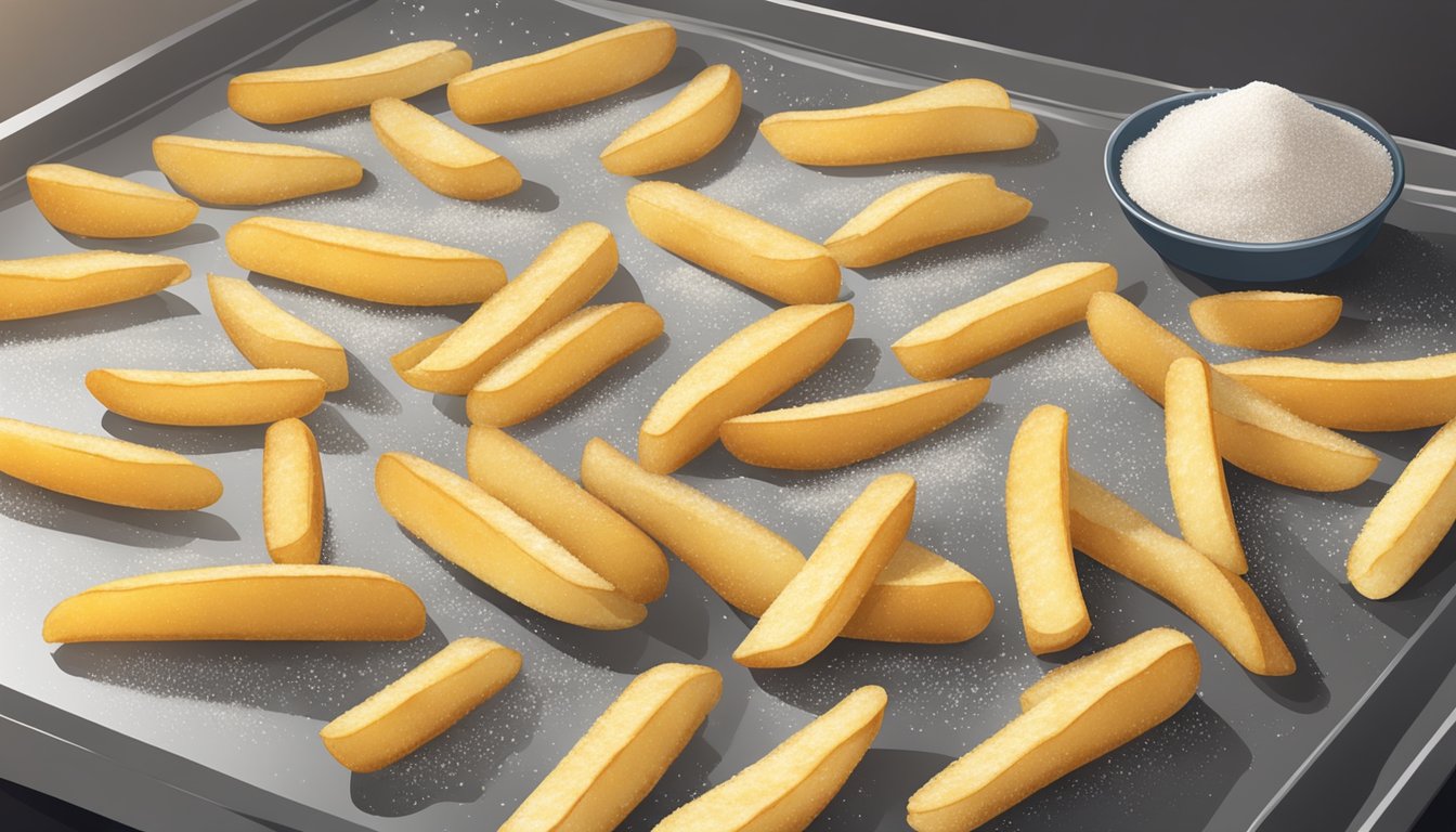 Freshly cut fries arranged in a single layer on a baking sheet, sprinkled with sea salt, and ready to be baked in the oven