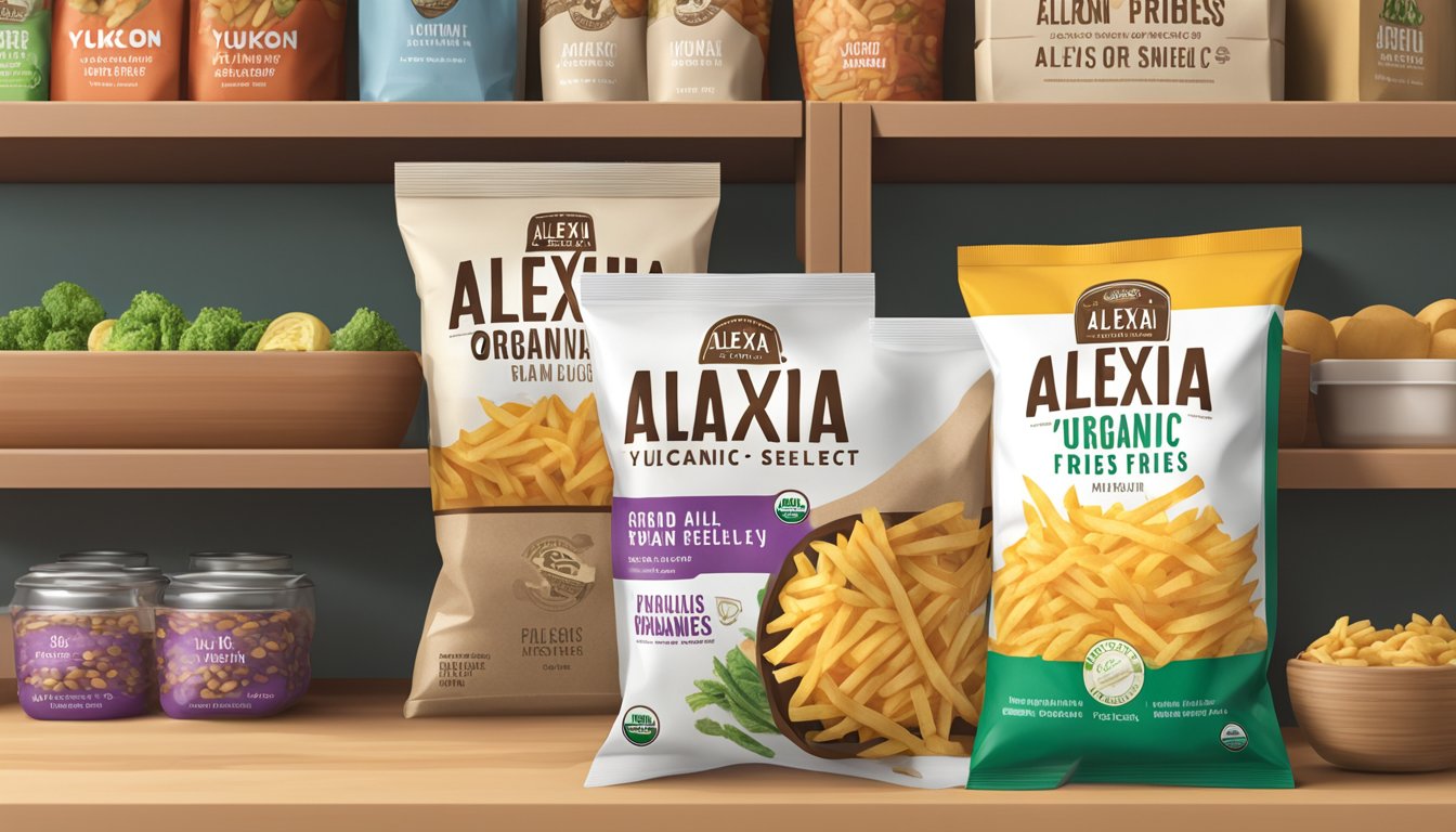 A bag of Alexia organic Yukon select fries sits on a pantry shelf, surrounded by other food items. The bag is unopened and in good condition