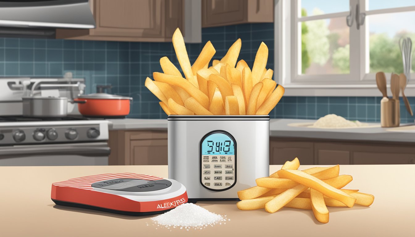 A bag of Alexia house cut fries with sea salt sits on a kitchen counter next to a timer set for the recommended cooking time