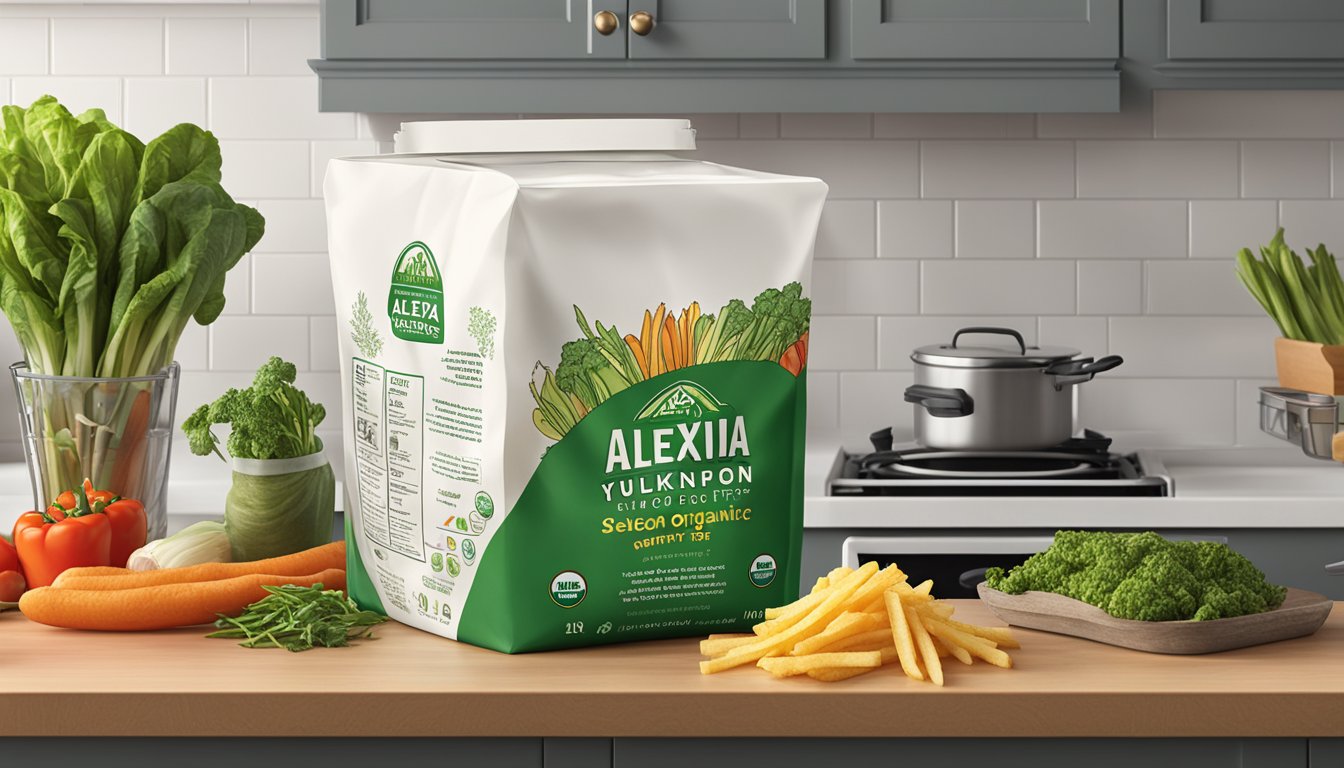 A bag of Alexia organic Yukon select fries sits on a kitchen countertop, surrounded by fresh vegetables and a compost bin