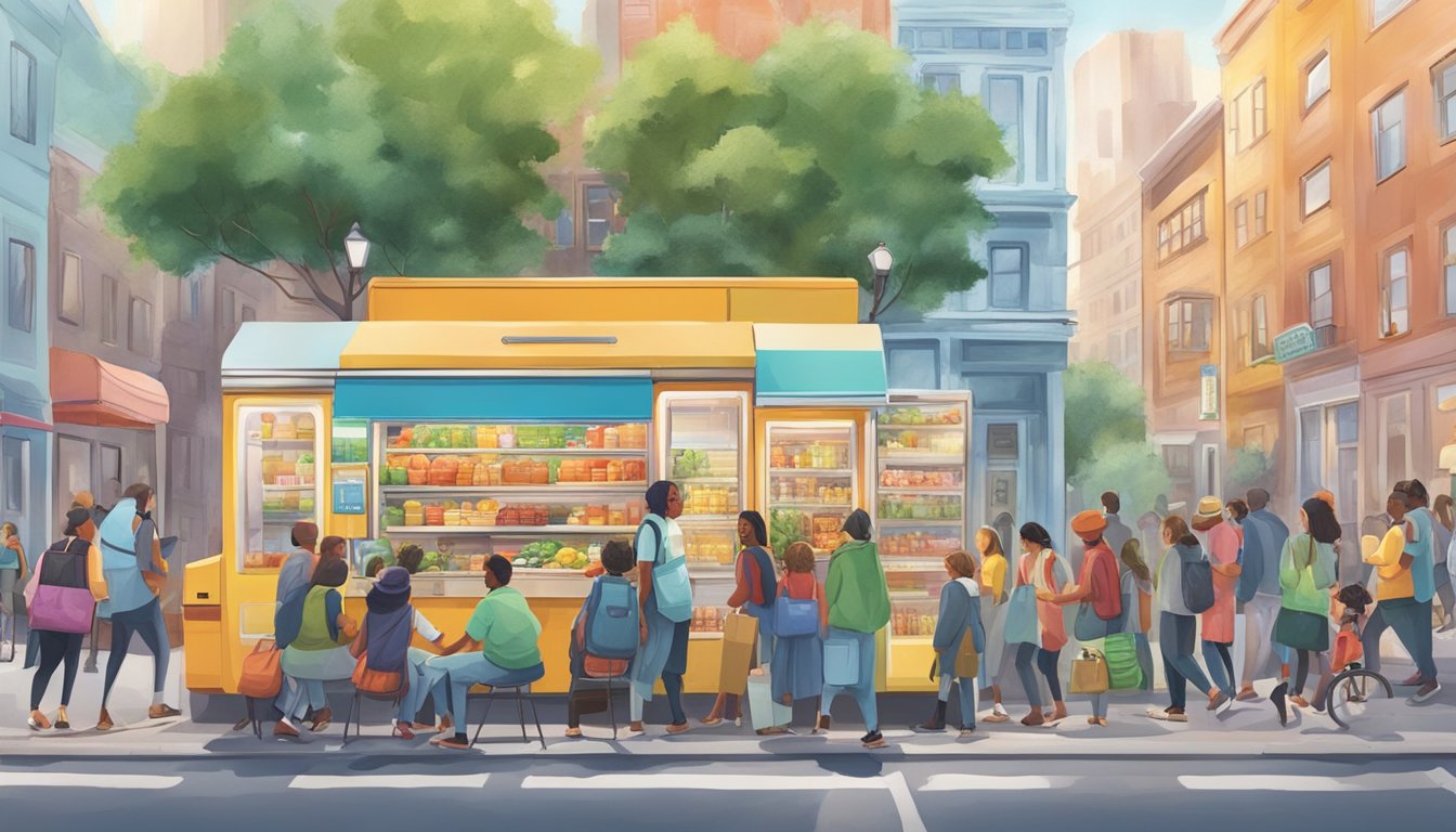 A bustling city street with a colorful community fridge surrounded by people sharing food and stories