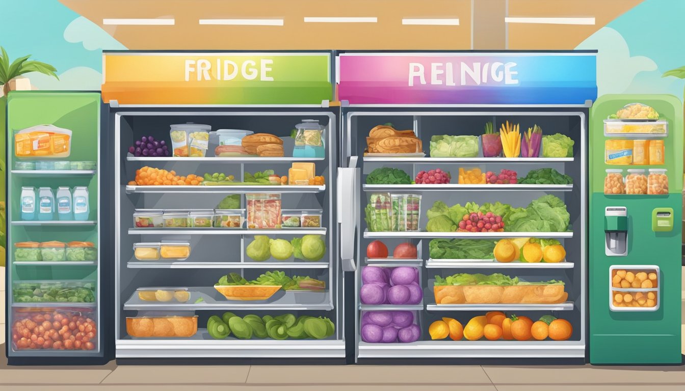 A colorful community fridge in Hialeah, FL with diverse food items and a welcoming atmosphere