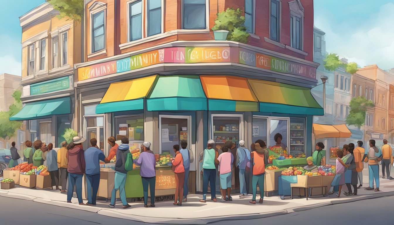 A bustling street corner with a colorful, decorated community fridge surrounded by people donating and receiving food items