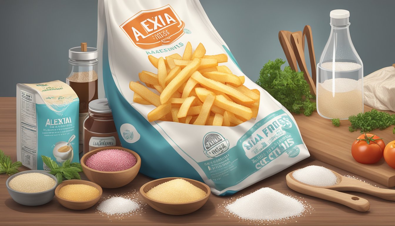 A bag of Alexia house-cut fries with sea salt sits on a kitchen counter, surrounded by other ingredients and cooking utensils