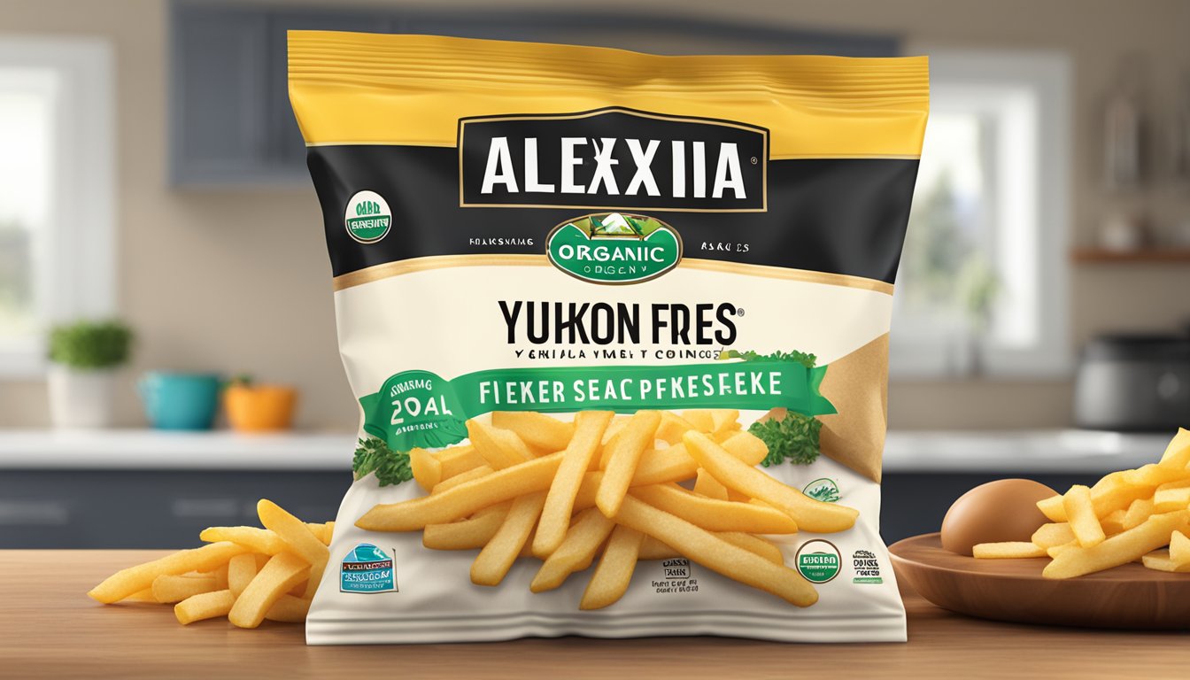 A bag of Alexia Organic Yukon Select fries sits unopened on a kitchen counter, with a clear expiration date visible on the packaging