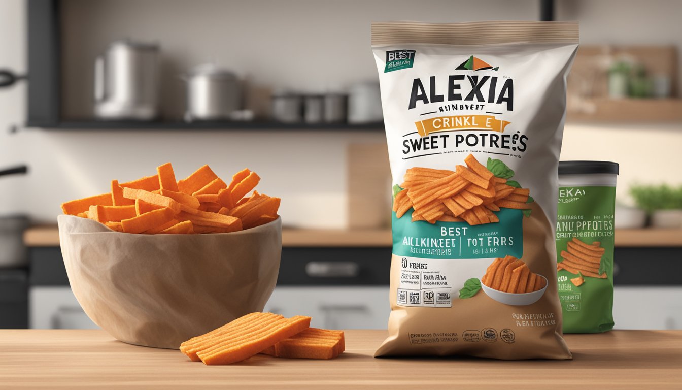 A bag of Alexia crinkle cut sweet potato fries sits unopened on a kitchen counter, with a "best by" date clearly visible on the packaging