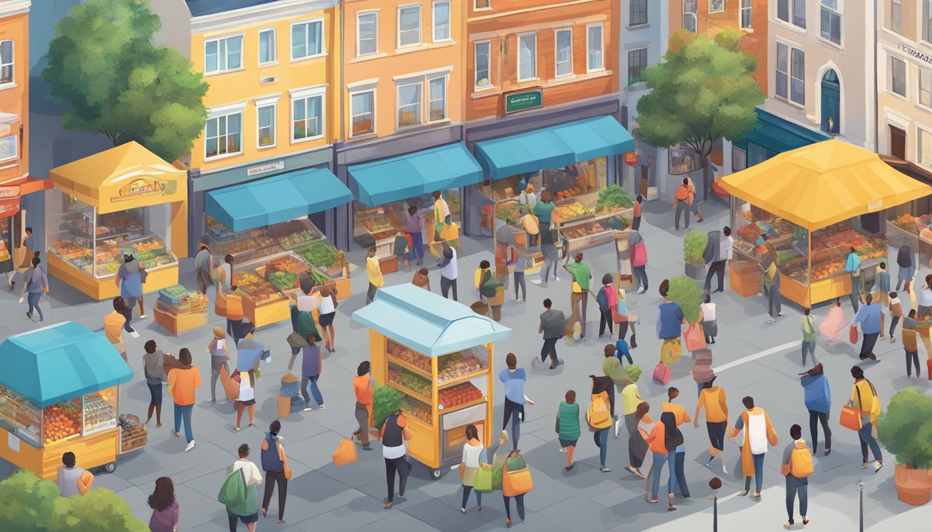 A bustling town square with a brightly colored community fridge surrounded by people dropping off food and goods