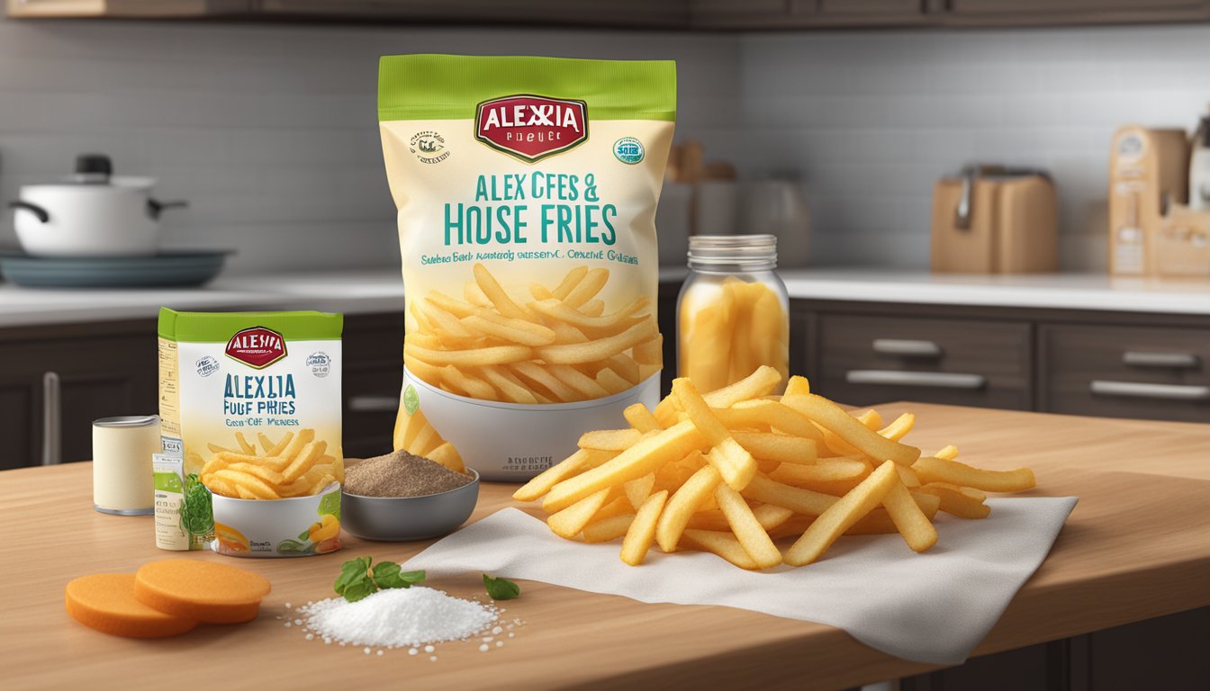 A bag of Alexia house cut fries with sea salt sits on a kitchen counter, surrounded by other pantry items