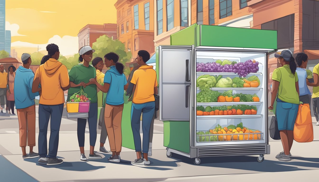 A diverse group of volunteers stock a colorful, open-air fridge with fresh produce and packaged goods in front of a bustling urban backdrop