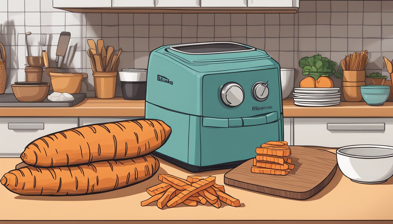 A bag of Alexia crinkle cut sweet potato fries sits on a kitchen counter, next to a timer set for the recommended cooking time