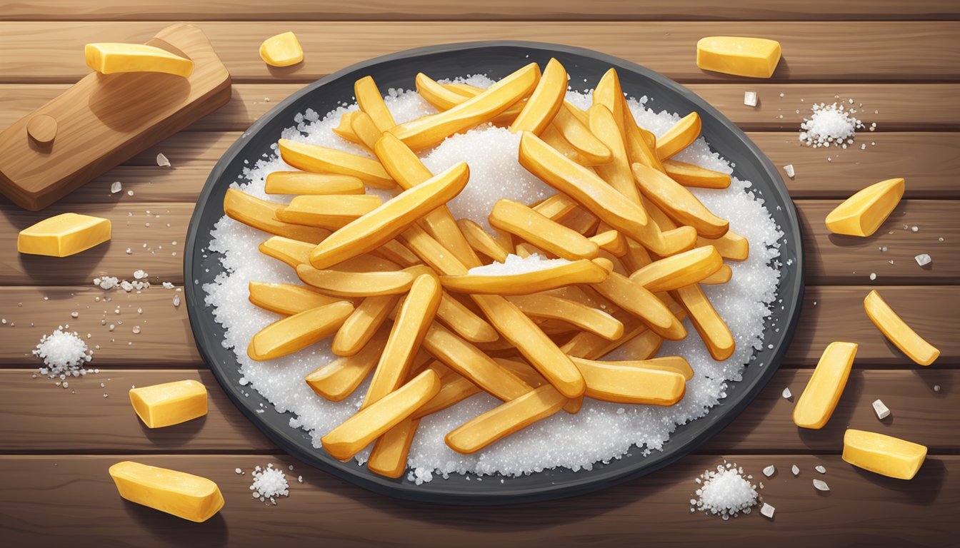 A pile of golden house-cut fries with sea salt sits on a rustic wooden cutting board, surrounded by scattered salt crystals