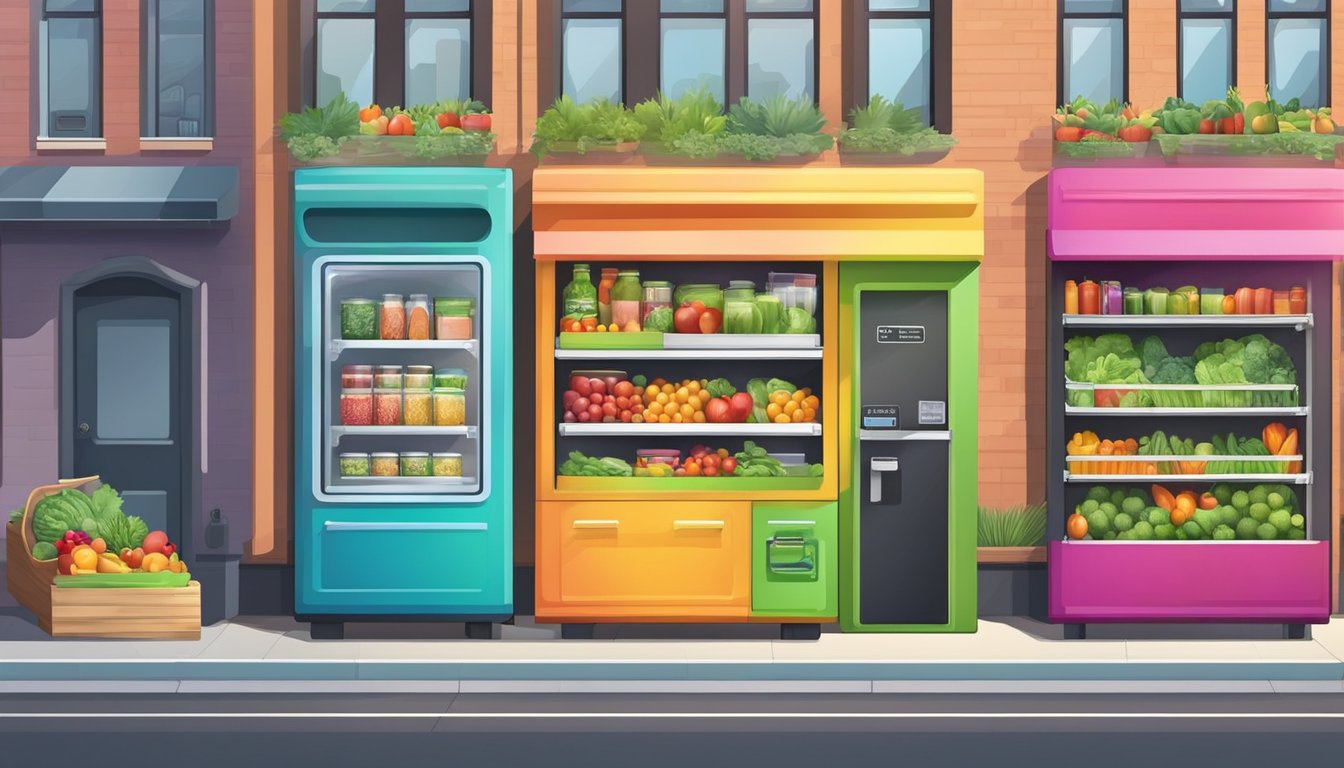 A brightly colored community refrigerator stands in a busy urban area, with a variety of fresh produce and packaged goods neatly organized inside