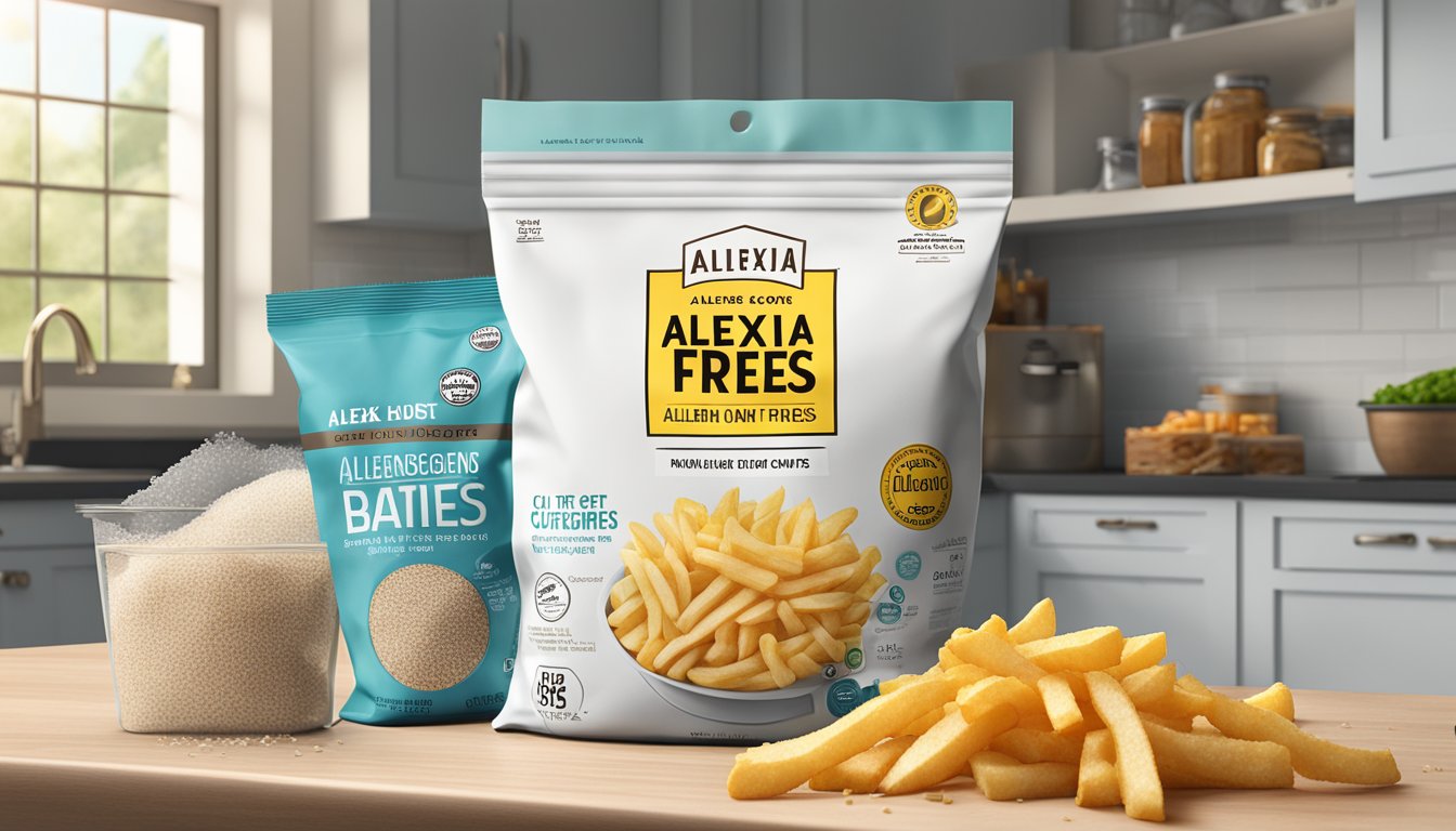 A bag of Alexia house cut fries with sea salt sits on a kitchen counter, surrounded by various food packaging and a list of potential allergens and dietary concerns