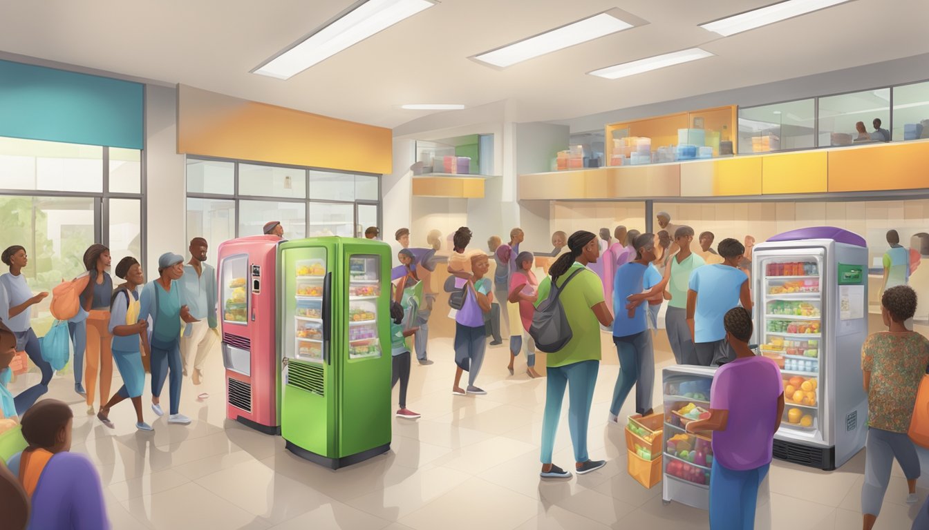 A bustling community center with a colorful local fridge surrounded by eager visitors seeking outreach and education materials