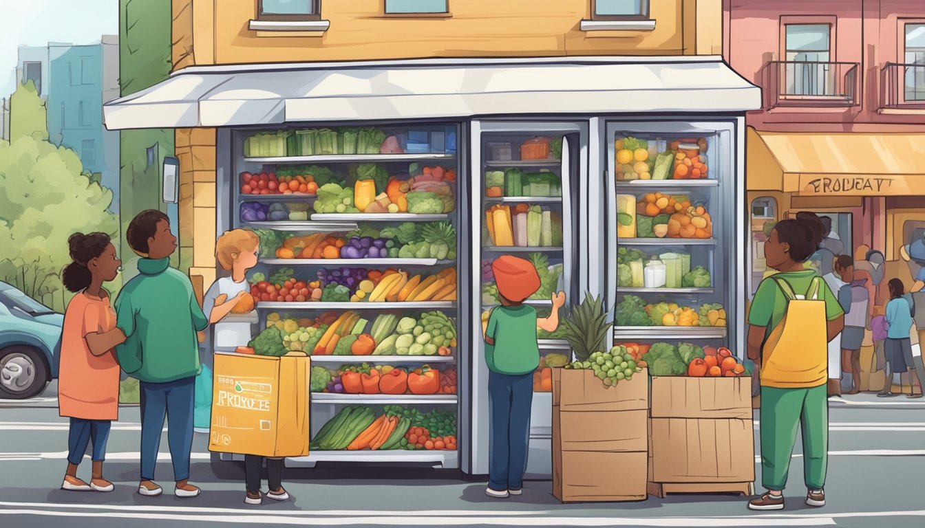 A brightly colored community fridge stands on a busy street corner, filled with fresh produce and packaged goods. People of all ages and backgrounds gather around, exchanging items and sharing smiles