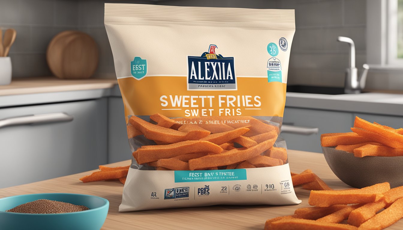 A bag of Alexia Sweet Potato Fries sits on a kitchen counter, with a "Best By" date clearly visible