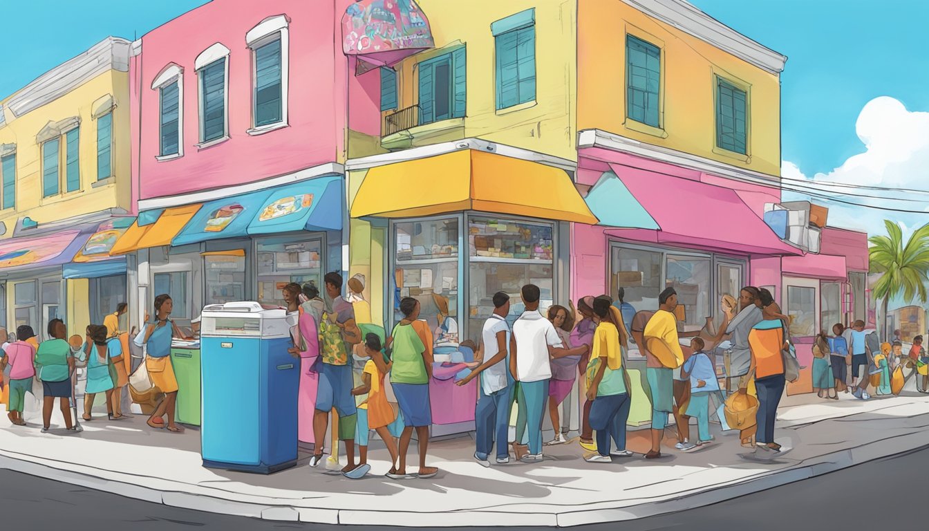 A bustling street corner with a colorful community fridge surrounded by diverse supporters in Hialeah, FL