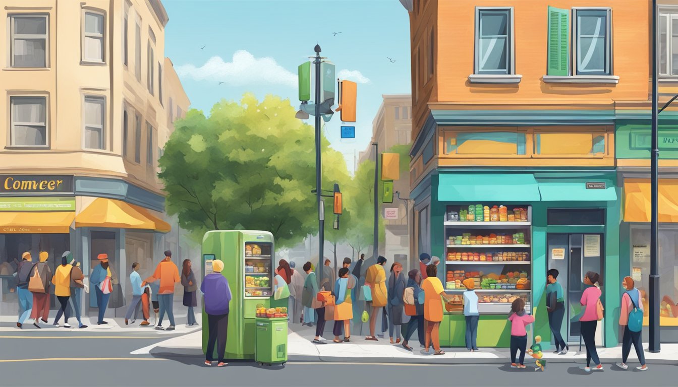 A bustling street corner with a colorful community fridge surrounded by people donating and taking food