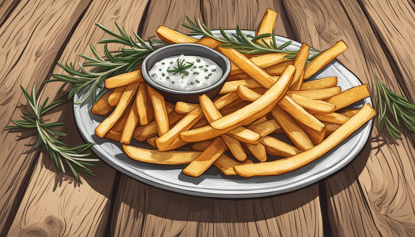 A plate of Alexia Rosemary fries sits on a rustic wooden table, surrounded by sprigs of fresh rosemary and a hint of sea salt