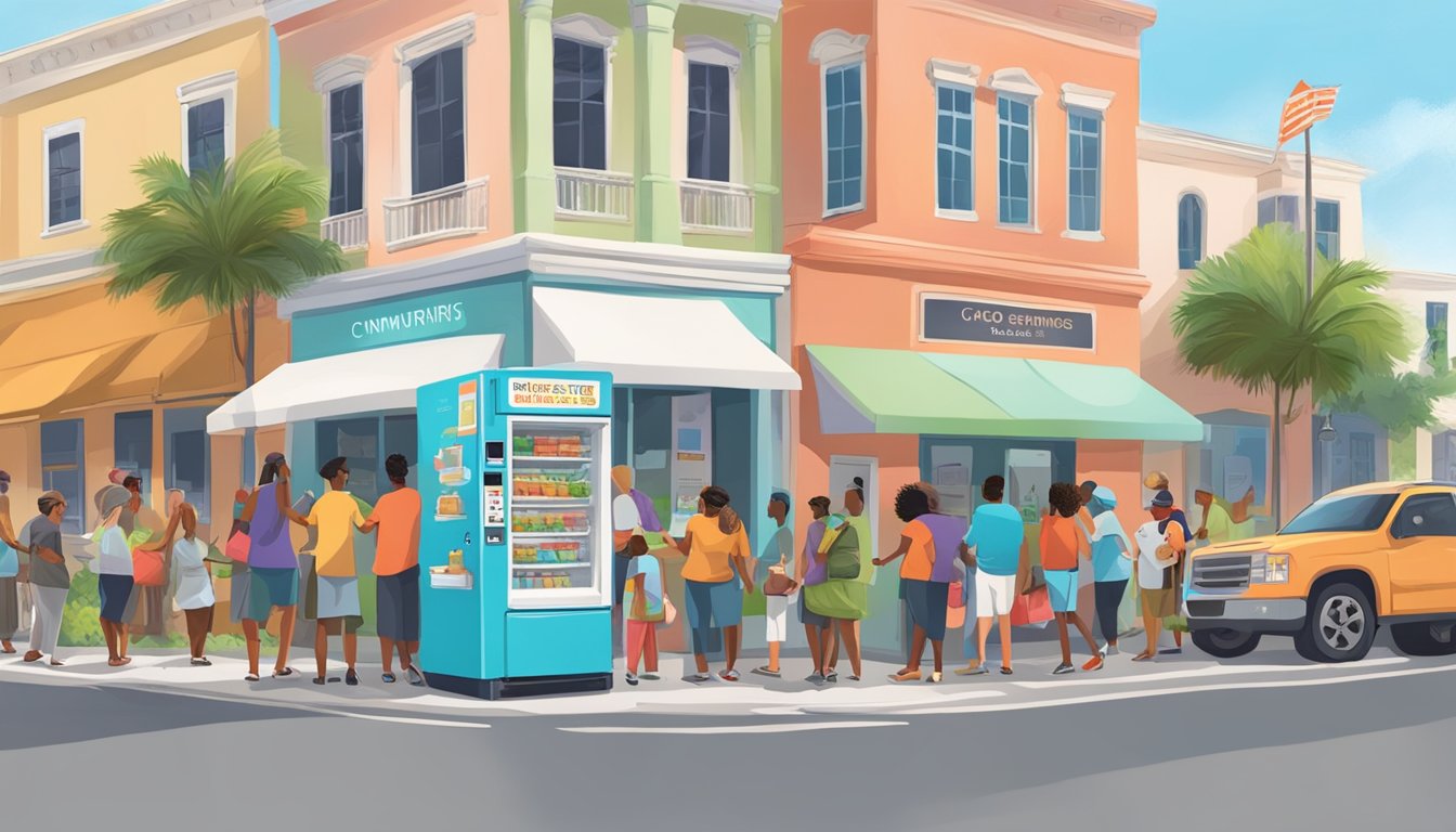 A bustling street corner with a colorful community fridge surrounded by people donating and taking food. Nearby, a sign with instructions for supporting the Coral Springs Community Fridges