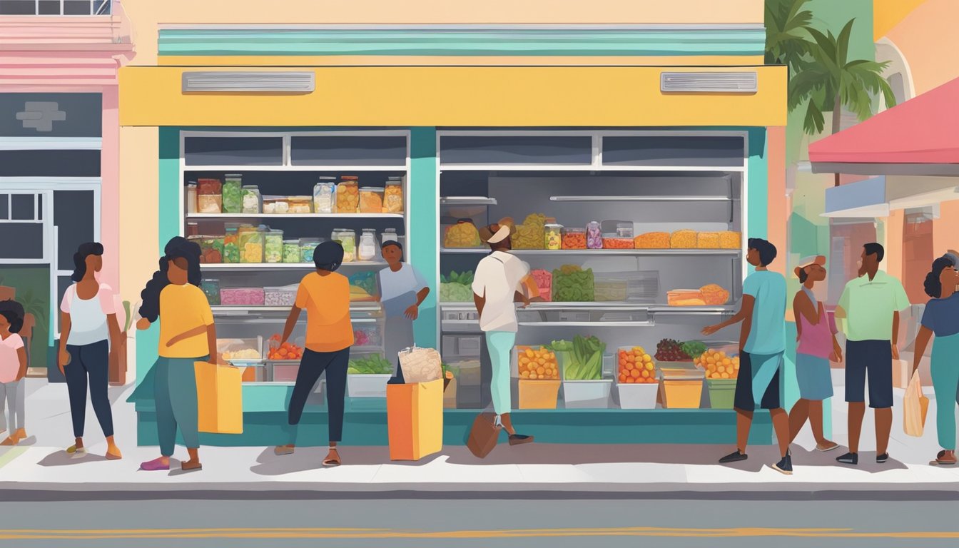 A bustling street in Hialeah, FL with a colorful local community fridge surrounded by people adding food and taking what they need